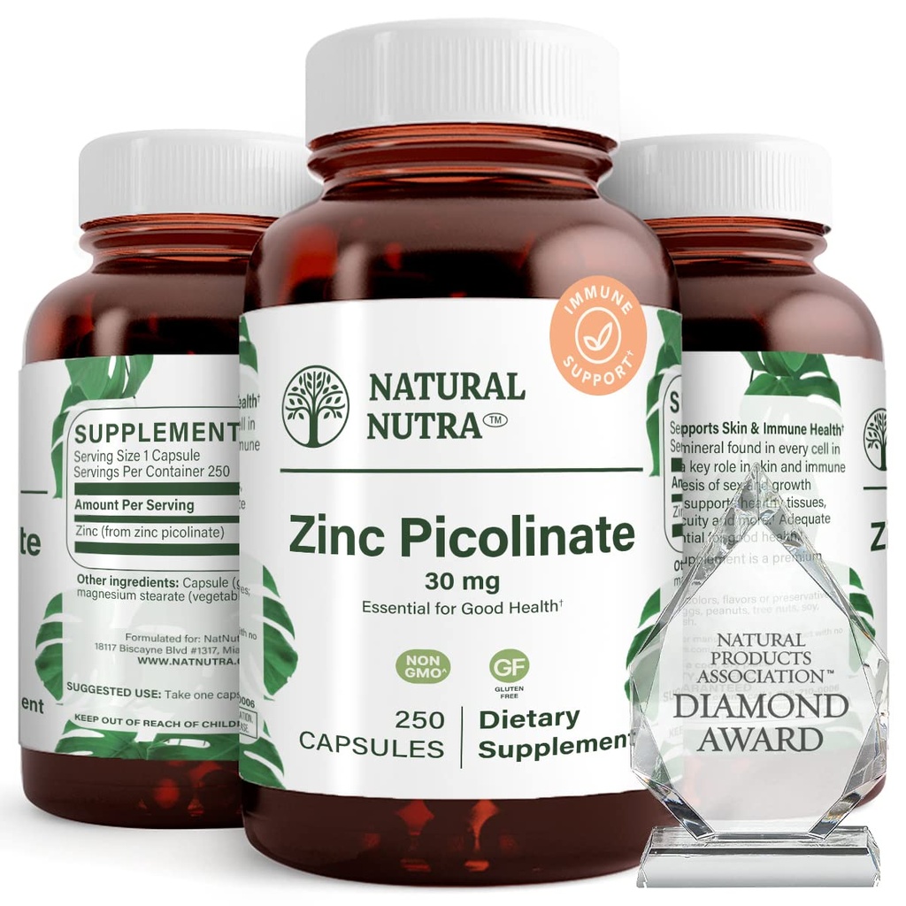 Picolinat natural de zinc Nutra 30 mg, Dublu de putere, crud și pur, extrem de biodisponibil supliment pentru creștere și sprijin imunitar, ajută la susținerea sistemului metabolic, scăderea capsulei frecvente la rece 250