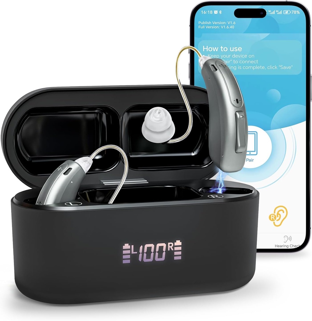 SIDA auditivă (nu amplificatoare), SIDA auditivă reîncărcabilă Bluetooth pentru adulții în vârstă, ajutor auditiv inteligent OTC de calitate superioară cu anulare a zgomotului, control Bluetooth activat și aplicație, 4 moduri