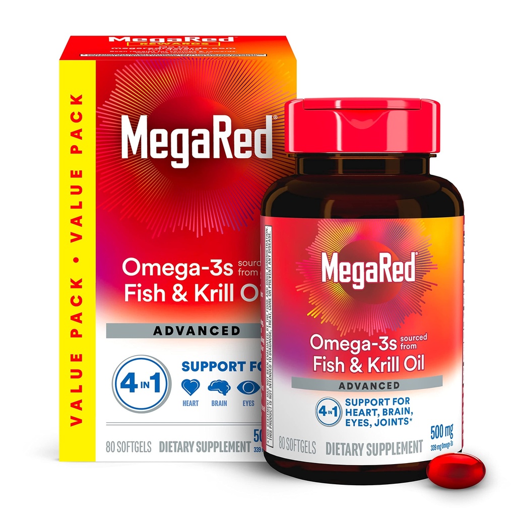 Megared Omega-3 ulei de pește + de înaltă absorbție ulei Krill 500mg Softgels, MegaRed avansat 4in1 (80 conta într-o sticlă) concentrat Omega-3 pește și supliment ulei Krill
