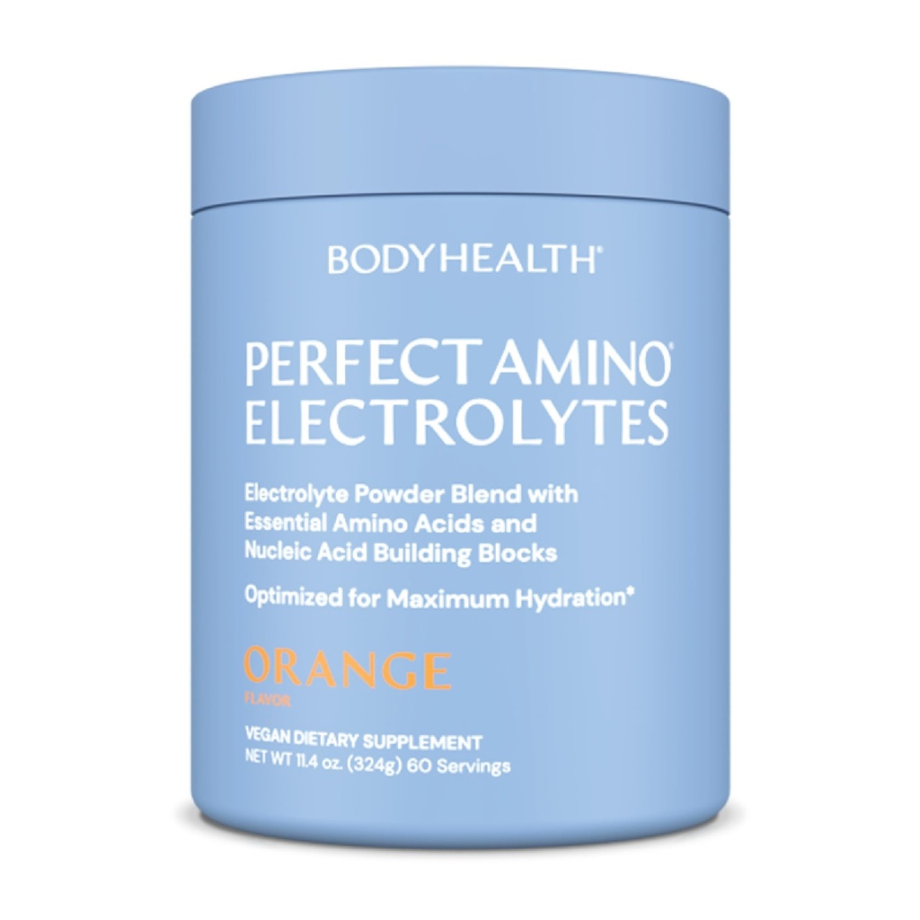 BodyHealth Perfect Amino Electroliti Pulbere Nu Zahăr, Keto Zahăr Free Fasting Electroliți Drink Mix, Pulbere de hidratare cu Minerale Trace - Orange - 60 Serviri