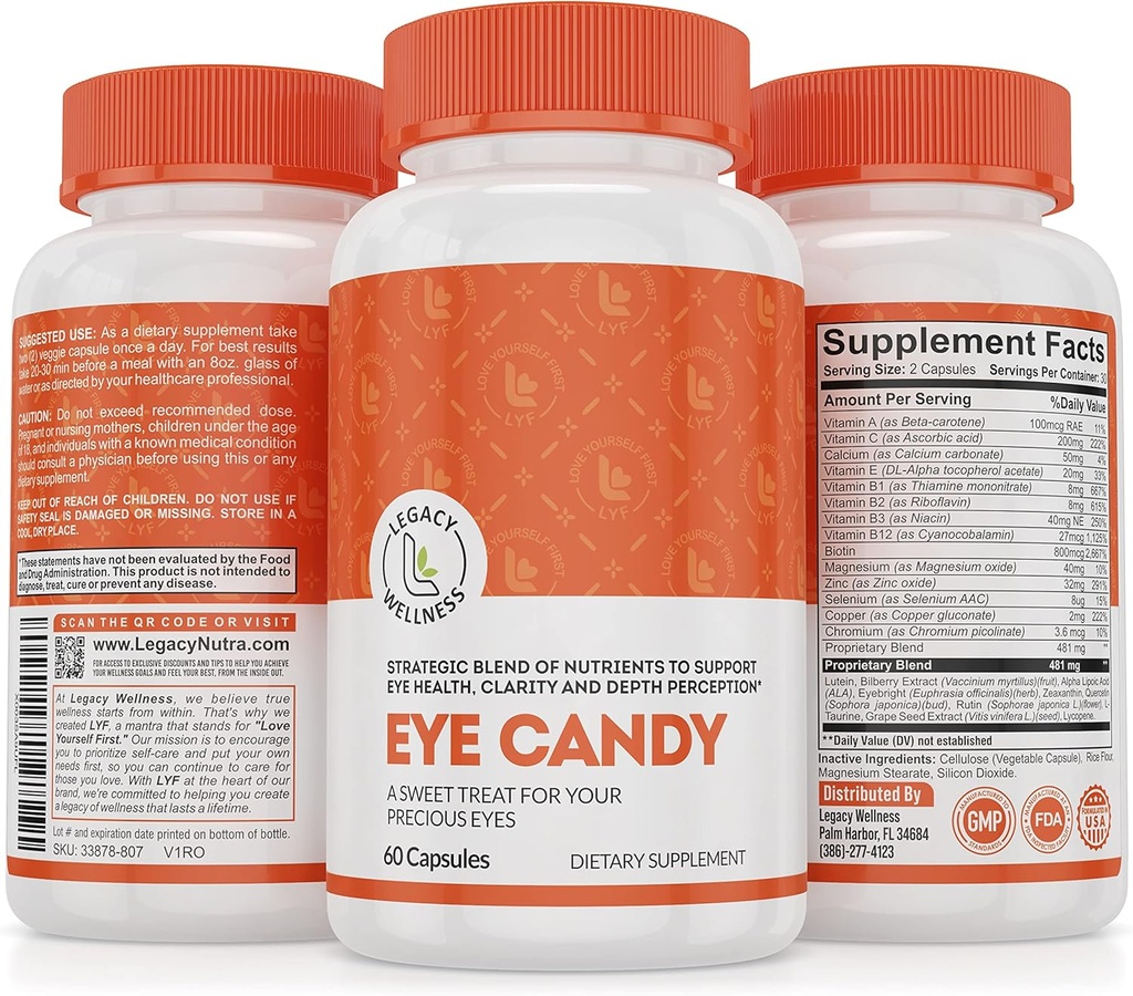 Legacy Wellness Eye Candy Eye Vitamine cu lutein, Zeaxantină, Calciu, Biotin, Cupru, Pilule de zinc + Suporturi Vision Health in imbatranire Adulti + Strain ochi din prea mult timp ecran, Suplimente ochi uscat