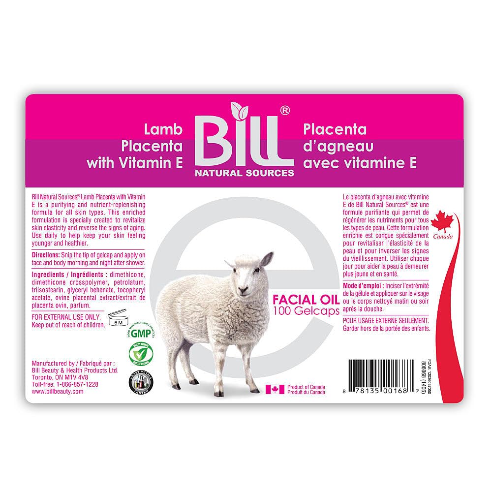 Bill Surse naturale Lamb Placenta cu vitamina E, 100 Gelcaps - întinerește celulele pielii plictisitoare și revitalizează elasticitatea celulelor pielii