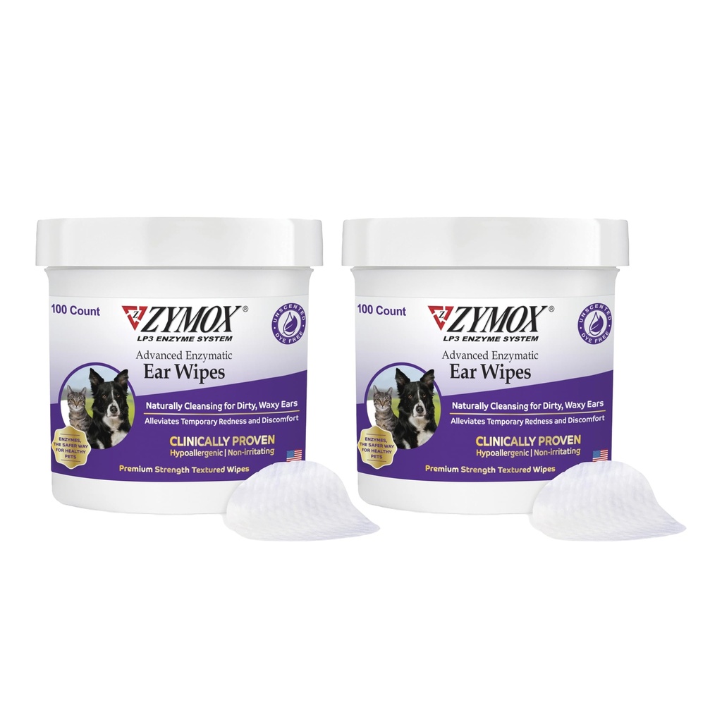 Zymox Advanced Enzymatic Ureche Wipes pentru câini și pisici - pentru murdare, Waxy, Urechi puturoase - Putere premium Ureche Curățatoare - Neiritante - Hipoalergice (100 Count-Pack of 2)