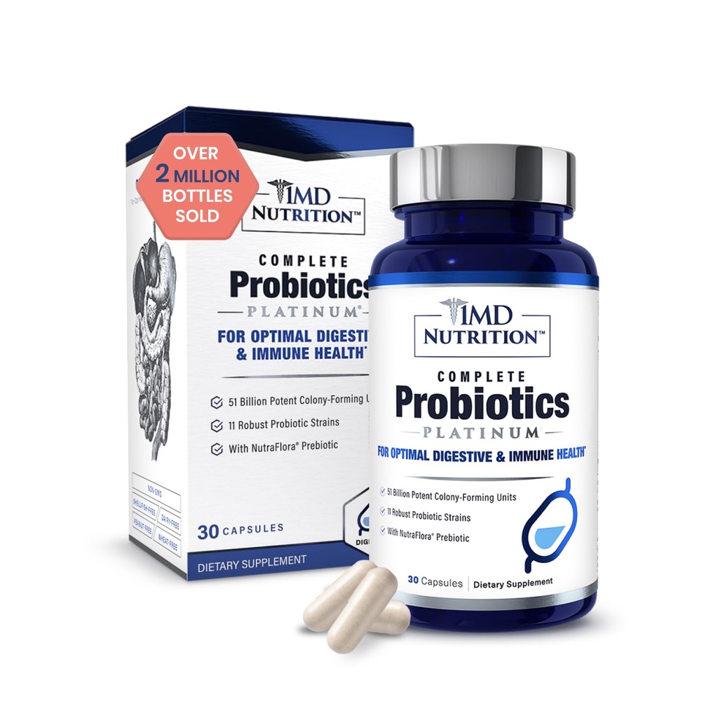 1MD Nutritie Probiotice complete Platinum - w/Prebiotice si Probiotice pentru sanatate digestiva - Supliment probiotic pentru femei si barbati - mai mult de 50 Miliarde Live CFU 11 Strains Dairy-Free - 30 Capsuri