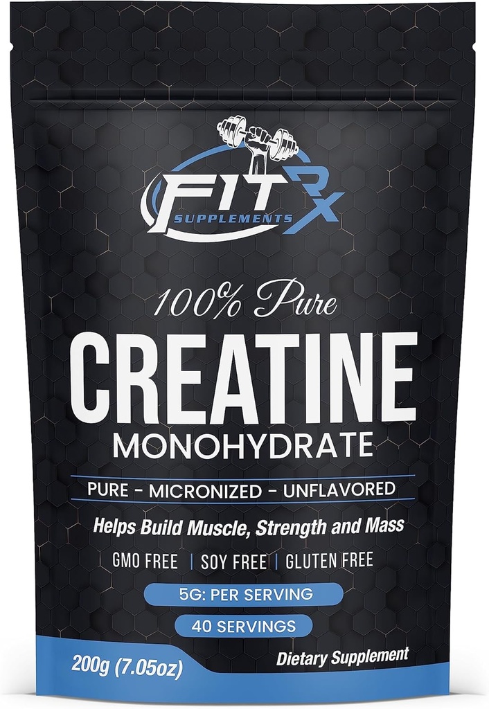 FITRxSupplements.com Pure Creatină Pulbere monohidrată - Zero Ingrediente adăugate - Fără Calorii, 5g per Servire, 40 Serviri nearomatizate, 200g, Distilare rapidă