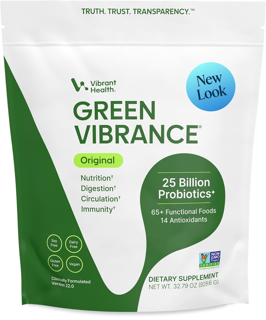 Vibrant Health, Green Vibrance, Include 65 de plante-Based Superfoods, 25 miliarde Probiotice, Fiber, Adaptogens & Enzime, 83 Servings