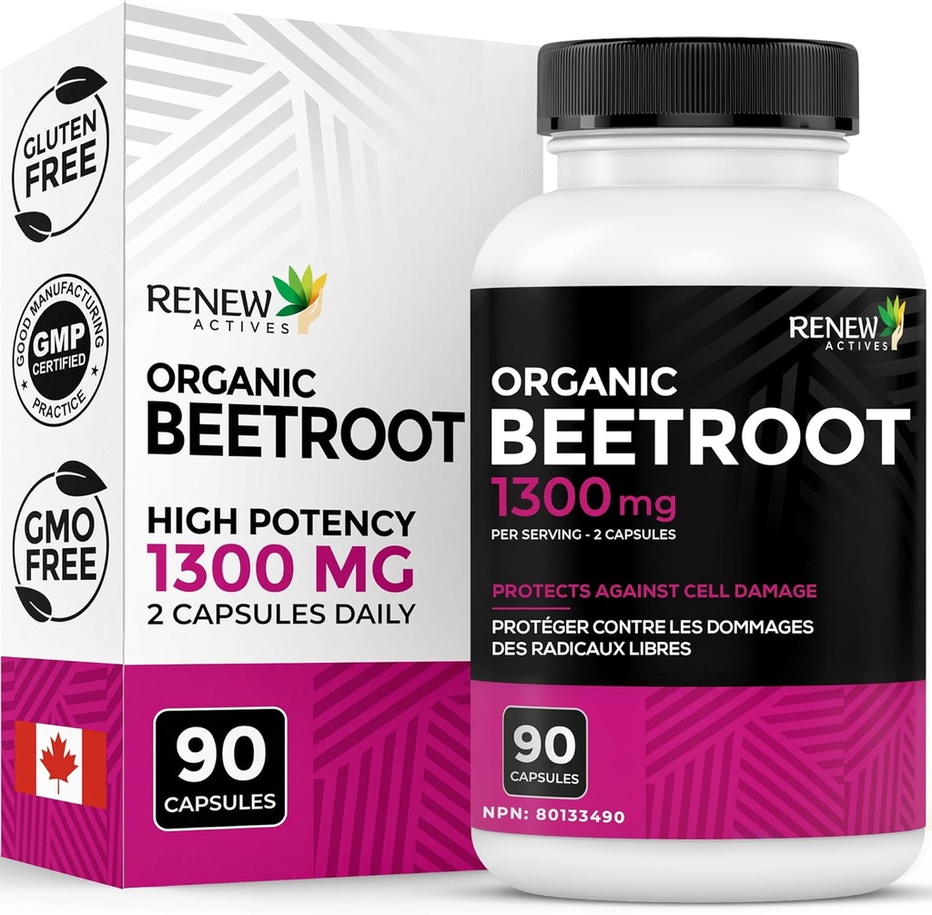 Reînnoirea Active Organic Beetroot Supliment 1300MG per 2 Capsule - Pure Beetroot Pulbere pentru Circulație, Energie Naturală, Beneficii Antioxidante - Superfood de înaltă calitate, Made in Canada - 90 Capsule