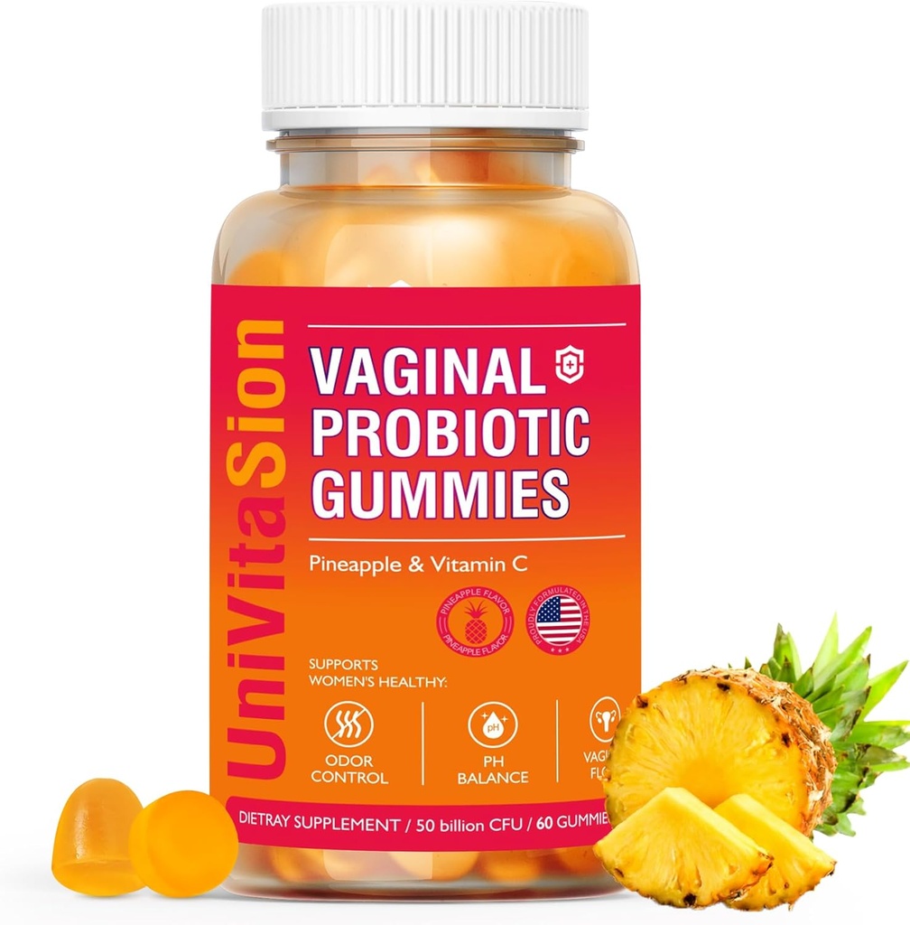 UniVitaSion Probiotice Vaginale Gume pentru Femei, 50 Miliarde CFU - PH Balanta, miros vaginal, Flora vaginala, Tratamentul infectiei cu alimente pentru femei, Vitamina C pentru sanatate imuna, Aroma de Ananas Hawaiian