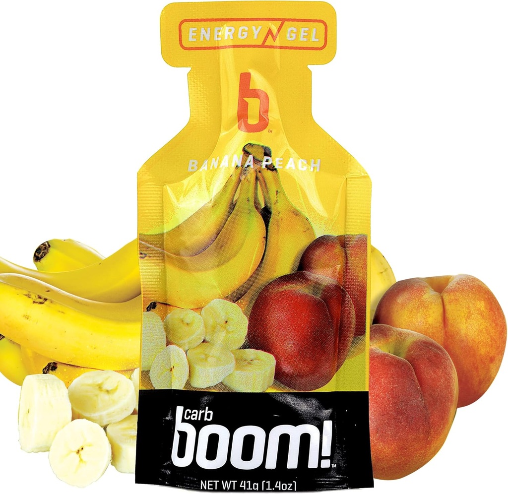 Boom Nutrition Energy Gel - Geluri de energie preparate din fructe - Gel de antrenament - Gel de energie pentru ciclism - Gel de alergare - Gel de energie naturală - Peach Banana (24 Pack)