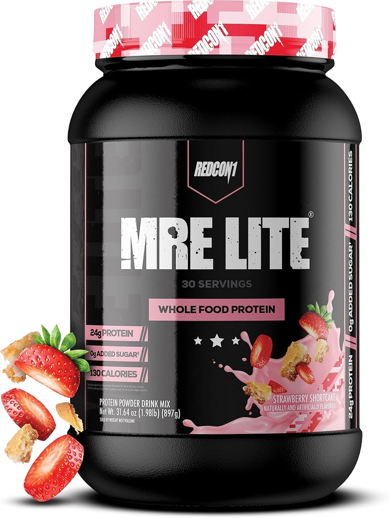 REDCON1 MRE Lite Întreaga pulbere de proteine alimentare, Căpșuni Shortcake - Carb scăzut & Whey Free Meal Înlocuire cu amestecuri de proteine animale - Ușor de săpat Suplimentul făcut cu uleiuri MCT (30 Serviri)