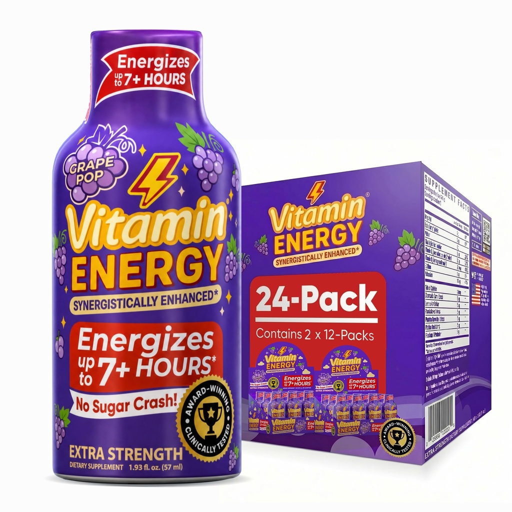 Vitamina Energie Focus+ Extra Putere Energie Shot Struguri 24 Pack, 260 mg Cafeină naturală, B-Vitamina, CoQ10, Amino Acidi, Focus, Productivitate & Clarity, Zero Zahăr, Gluten-Free, 1.93 fl oz
