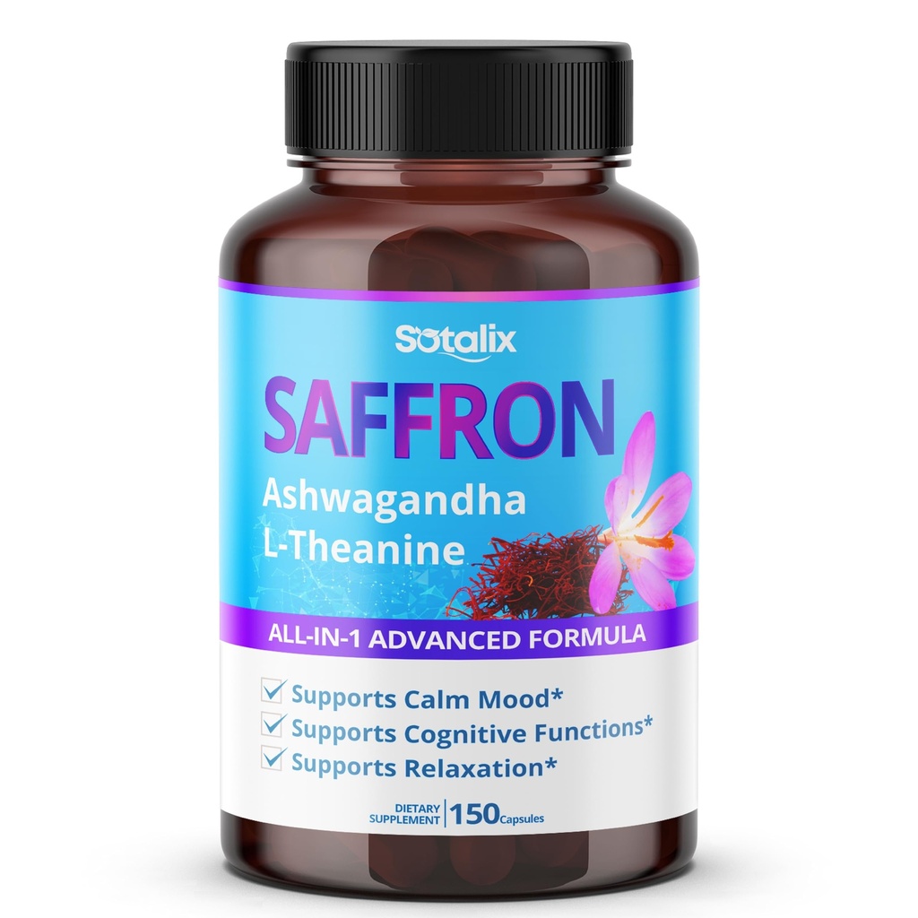 Saffron cu Ashwagandha, Ginseng, L-Theanine, Relaxare, Restaurare - Statele Unite ale Americii Made & Testat (150 de zile de aprovizionare (Pachetul de 1)