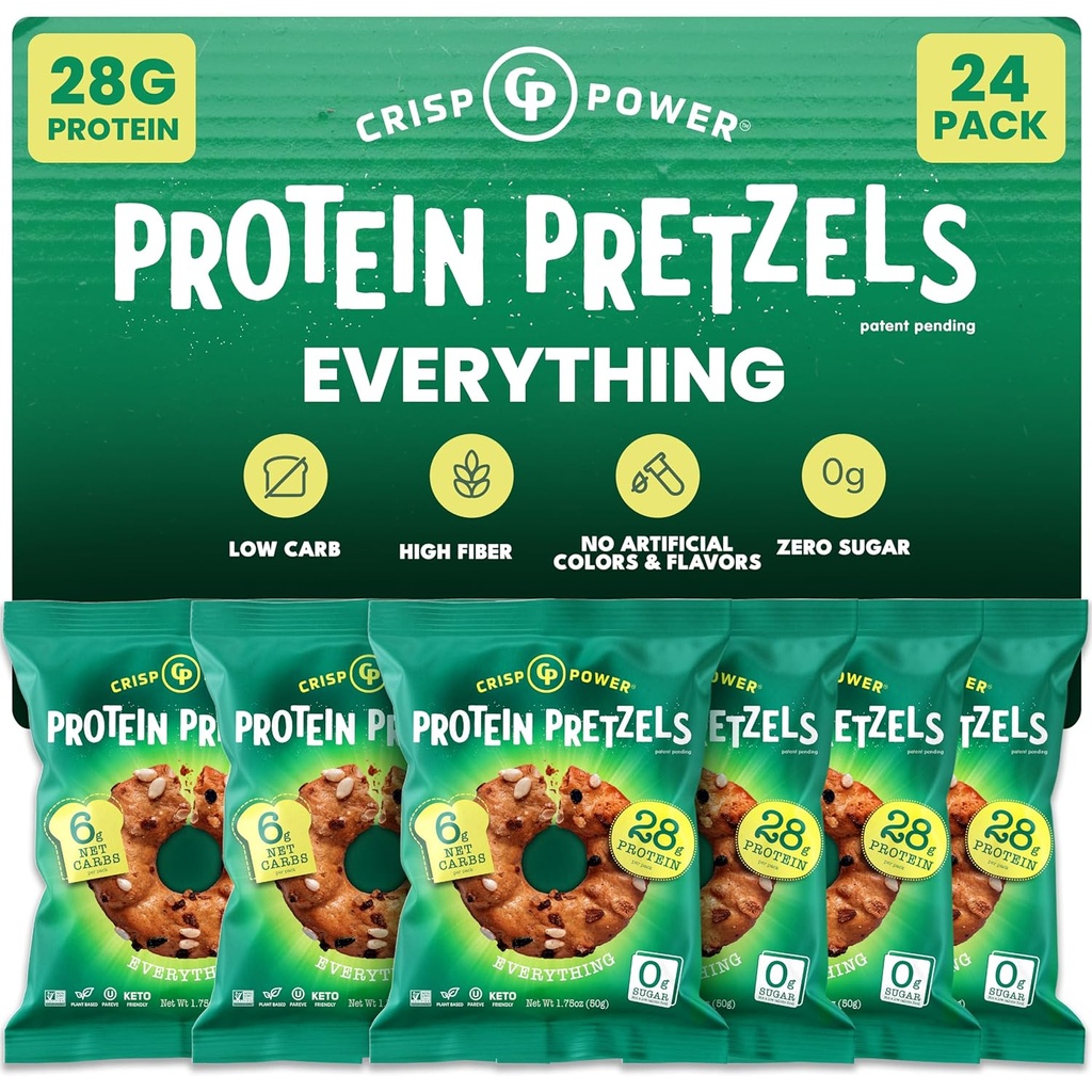 Crisp Power Proteine Pretzels, Totul, Proteină mare Vegan Keto Snack, 28 G Proteina pe bază de plante, Low Carb Crunchy Pretzel Snacks, Zahăr gratuit, Fără uleiuri de semințe, 1,75 oz Bags, 24 Pack