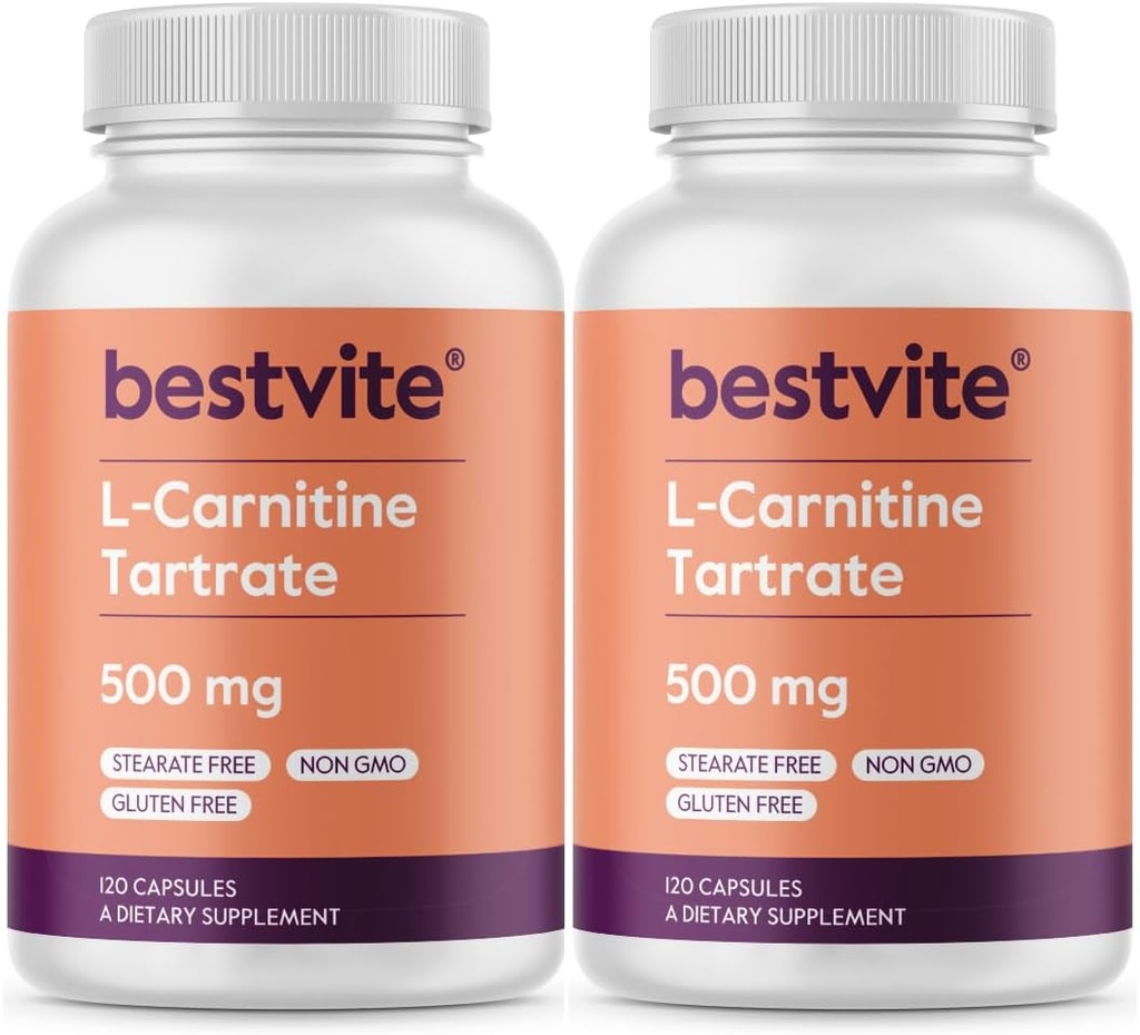 BESTVITE L-Carnitină Tartrat 500 mg per capsulă (240 capsule) (120x2) - Fără Stearet - Fără OMG-uri - fără gluten