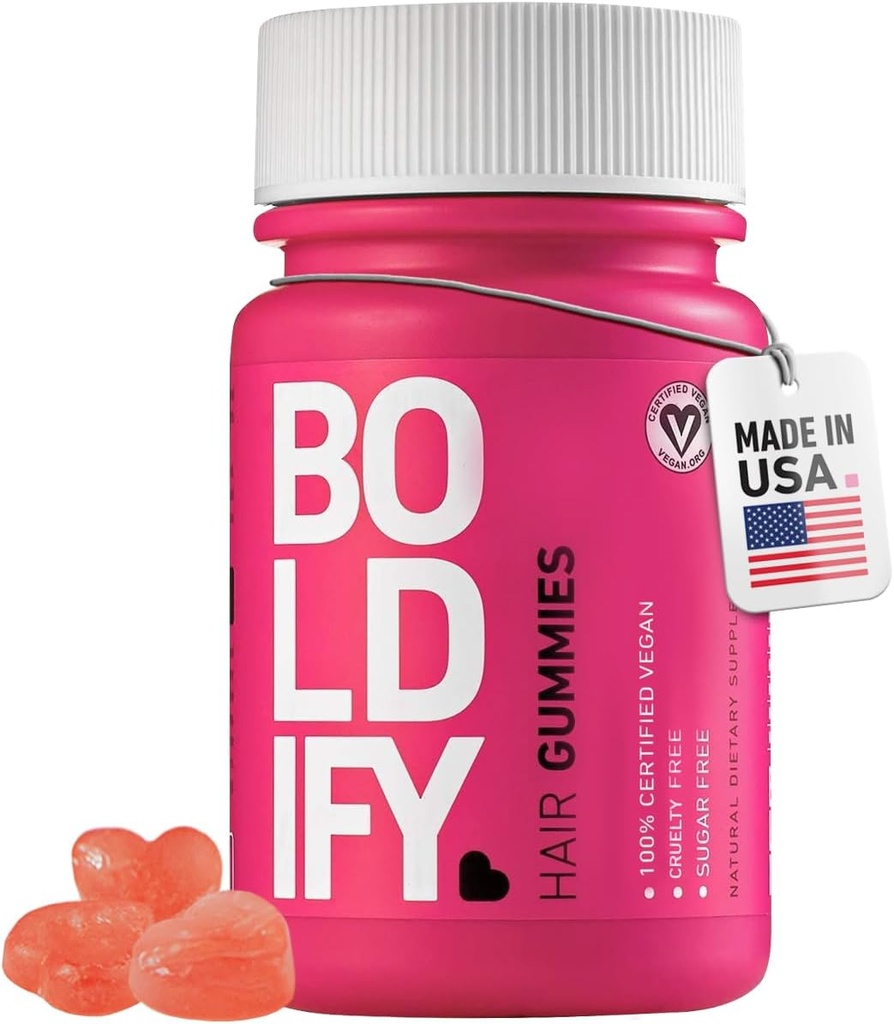 Boldify Gumiile de crestere a parului - Gumiile Biotin fără zahăr - Vitamine Vegane cu acţiune rapidă pentru piele, unghii şi păr - 5000mcg Biotin / Serving, 30 de zile de aprovizionare - aroma naturala de capsuni