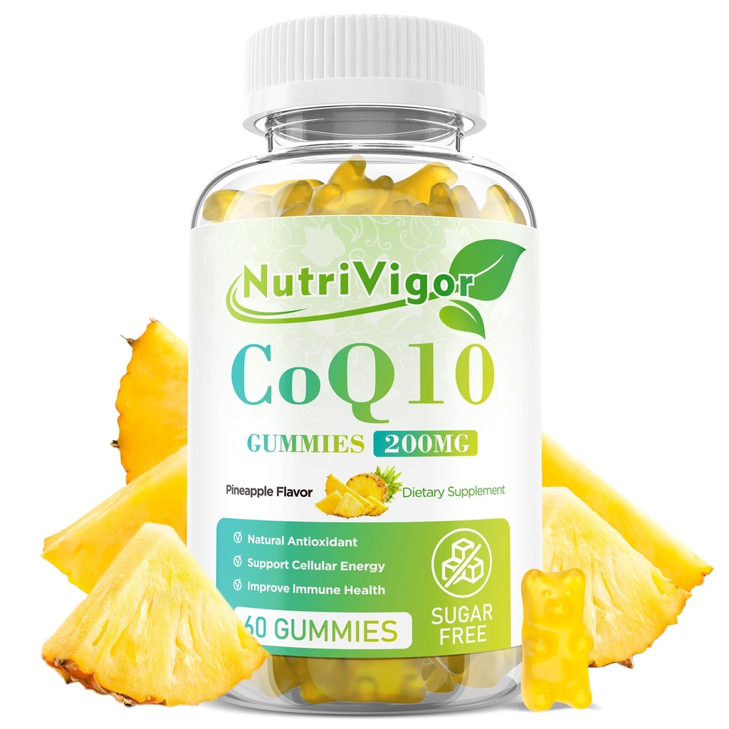 CoQ10 Gummies, Coenzime Q10 Supliment 200 mg, Supliment de înaltă absorbție CoQ10 pentru energie celulară și sănătate imună, Vegan, Gluten gratuit, Ananas Flavor, 60 Conte