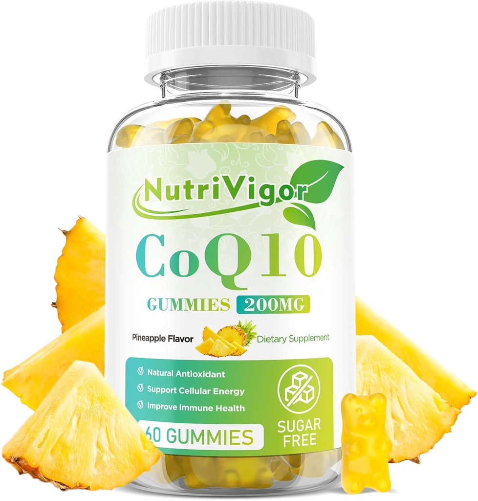 CoQ10 Gummies, Coenzime Q10 Supliment 200 mg, Supliment de înaltă absorbție CoQ10 pentru energie celulară și sănătate imună, Vegan, Gluten gratuit, Ananas Flavor, 60 Conte