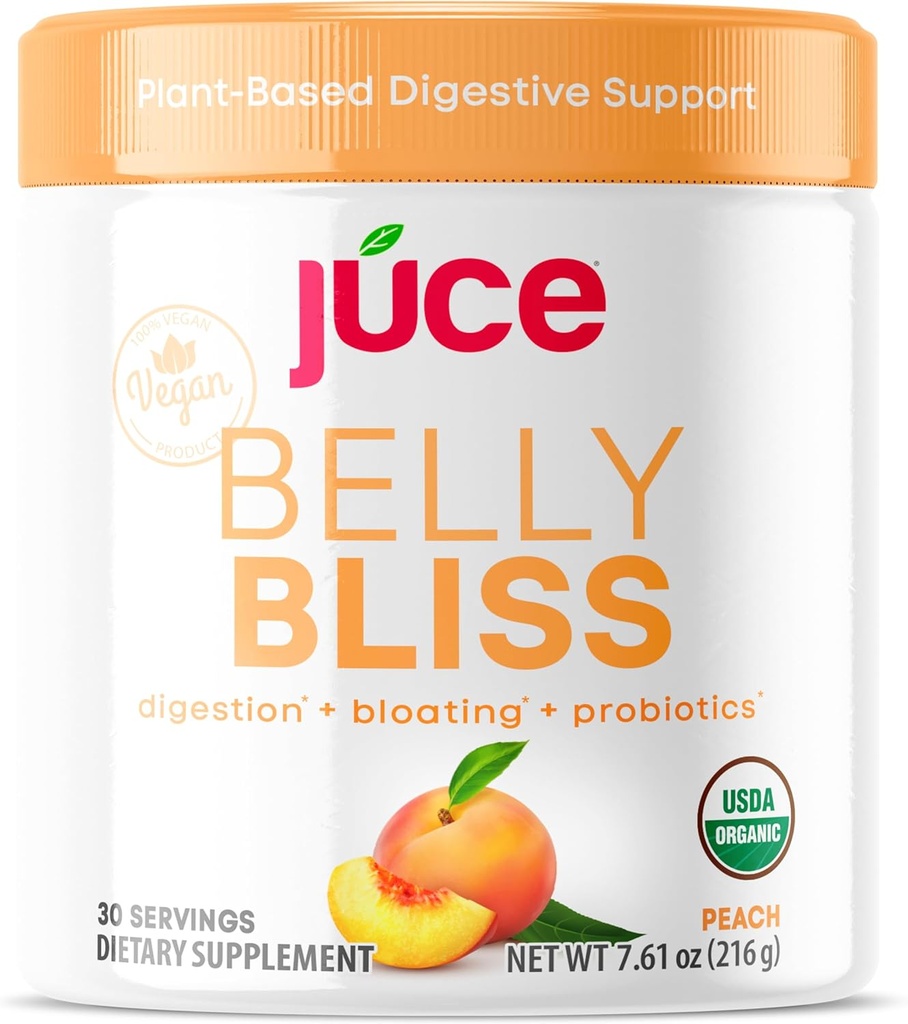 Júce Belly Bliss, Peachy Greens, 30 de porţii, Probiotice + Verzi, Suport Blooting cu enzime digestive cu bază de plante, Pudră supliment alimentar - de Terra Kai Organice