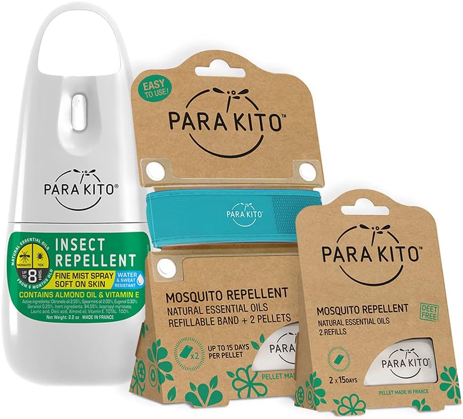 PARAKITO Mosquito, Insect & Bug Spray Bundle - Include Spray, Turquoise Wristband & 4 Refills 