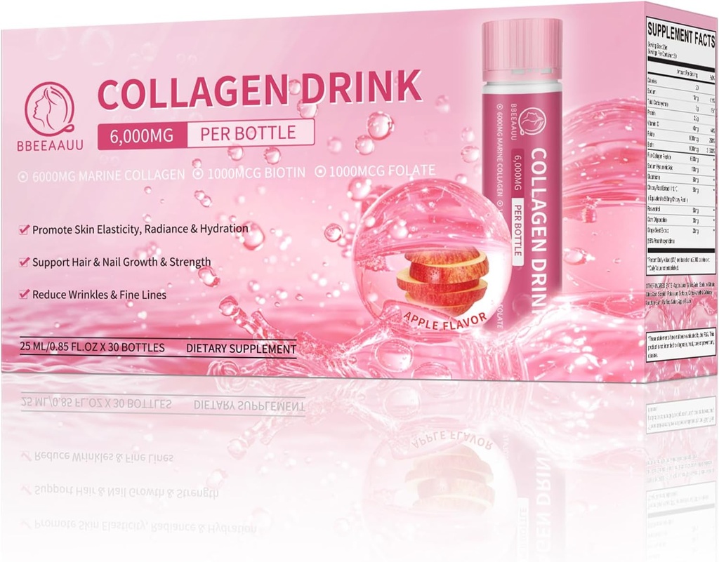 Colagen Drink 6000mg Marine Colagen Peptides, Colagen lichid Shots pentru femei cu acid hialuronic, vitamina C, Colagen Suplimente Suport piele, par & unghie, 0.85 Fl.Oz x30 Sticle, Apple Flavor