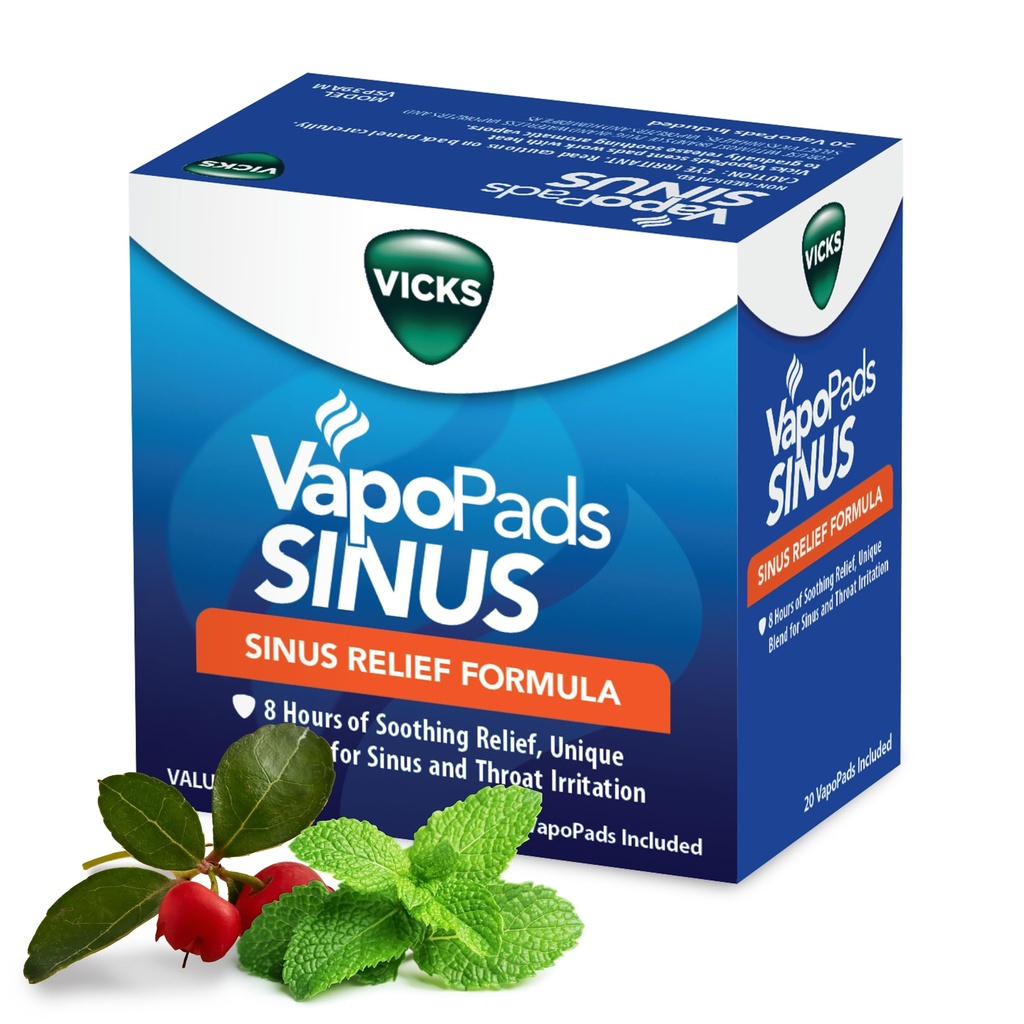 Vicks VapoPads Sinus Relief Formula - Vapor Pads Refill pentru Vicks Umidificatoare și Inhalatoare de abur, Pad-uri pentru Congestie Sinus și Iritație gât, 20-Pack, Box Color May Vary