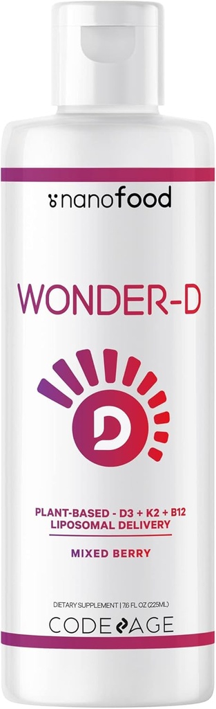 Codeage Liposomal Wonder-D, Colecalciferol vitamina D3 1000 UI picături lichide Supliment, Vitamine cu bază de plante B12 & K2, Fosfolipide de floarea-soarelui Non-GMO, vitamina E, Aroma de Berry mixtă, 7.6 fl oz