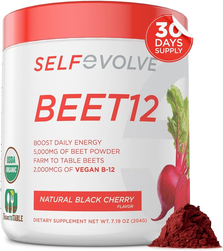 Selfevolve Beet12 - Pulbere organică de rădăcină de sfeclă Îmbunătățită cu vitamina B12, Booster oxid de azot, Suport de pudră de sfeclă de zahăr Energie naturală, Pulbere de sfeclă cu aromă de cireșe negre, 30 Serviri