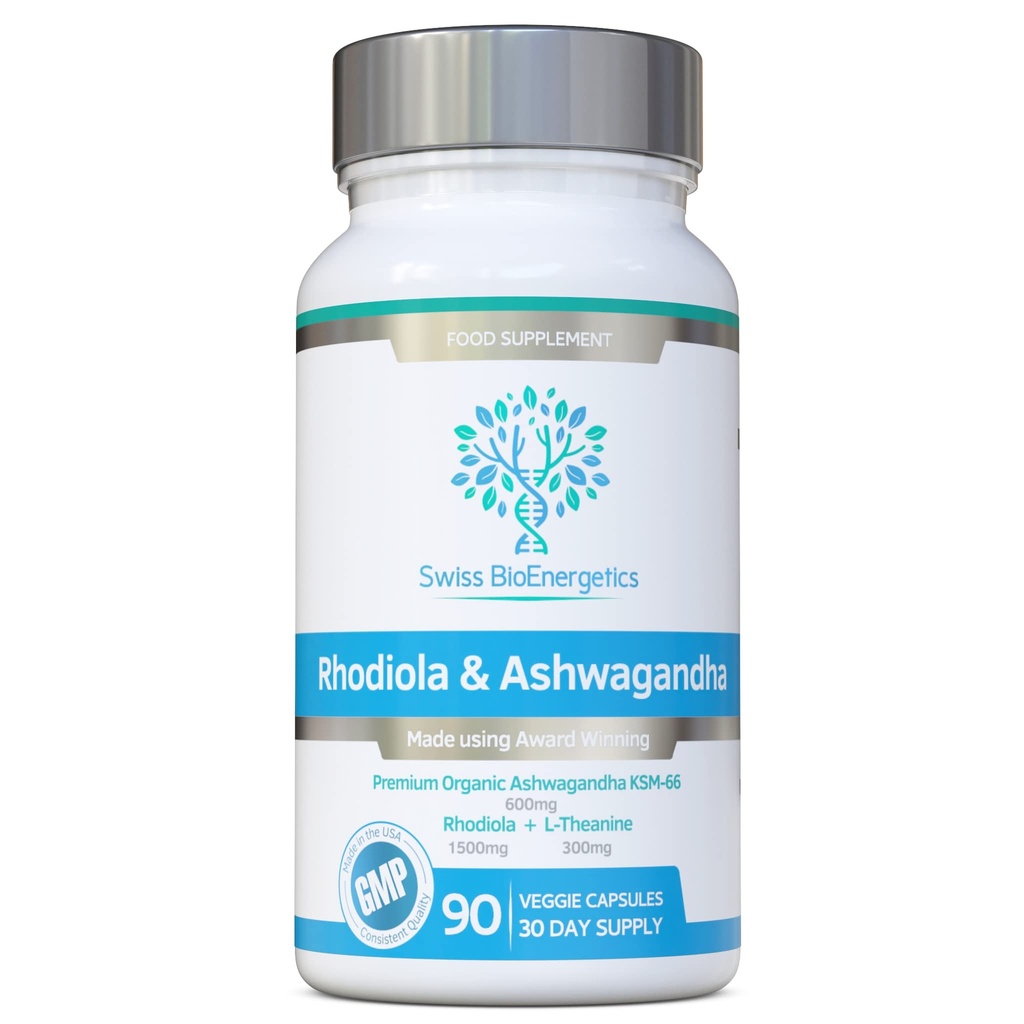 Rhodiola & Ashwagandha cu L-Theanine - Premiu Câștigătoare Ashwagandha KSM-66 600mg & 1500mg Rhodiola (3% Rosavins - 1% Salidrosides) întreg echivalent rădăcină- adaptogen combo- Fără umplutură artificială