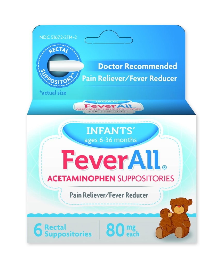 Feverall sugar Acetaminophen Samplers 6 Rectal Sampitors 80mg Fiecare Reliever durere / Reductor Fever. Paraben gratuit, fără culori artificiale sau alte conservanți. Vârsta 6-36 luni