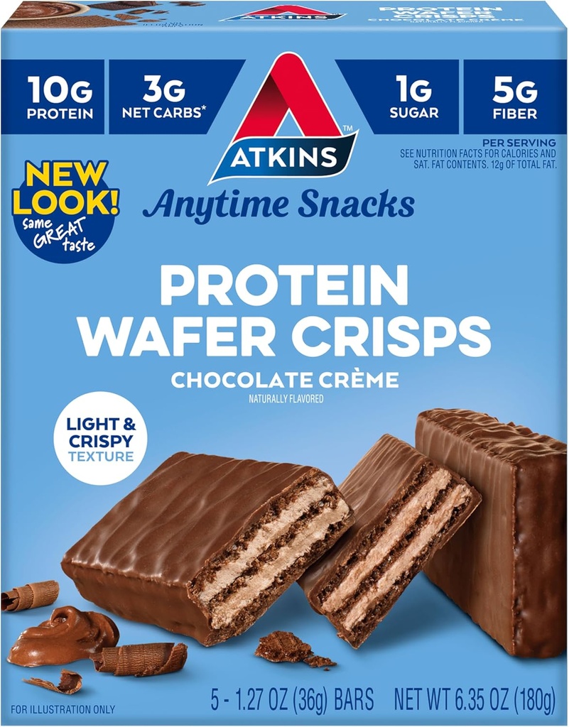 Atkins Ciocolata Creme Proteine Wafer Crips, Proteine Desert, 4g Net Carb, 1g Zahăr, High in Fiber, Keto Friendly, 5 Conte