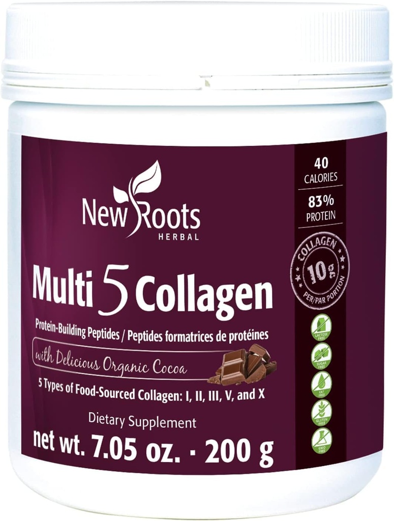 NEW ROOTS HERBAL Multi 5 Coco Colagen Powder Supplement (Tipuri I, II, III, V și X) Colagen hidrolizat - lactate & Gluten gratuit - 12g per Servire - Aroma de ciocolată, 7.05 oz