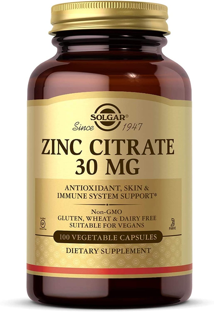 Solgar Zinc Citrate Capsule vegetale, 100 Conte, Non-GMO, Gluten Free, și Kosher, Sprijină Sistemul imunitar Sănătate, Piele sănătoasă și ochi, Gust normal și viziune