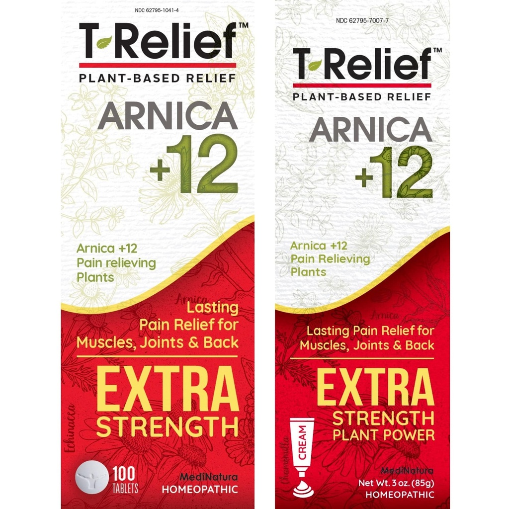 MediNatura T-relief Extra Putere Durere Relief Arnica +12 Durere pe bază de plante Relievevers 100ct Tablete T-Relief Extra Putere Durere Relief 3oz Cream Bundle