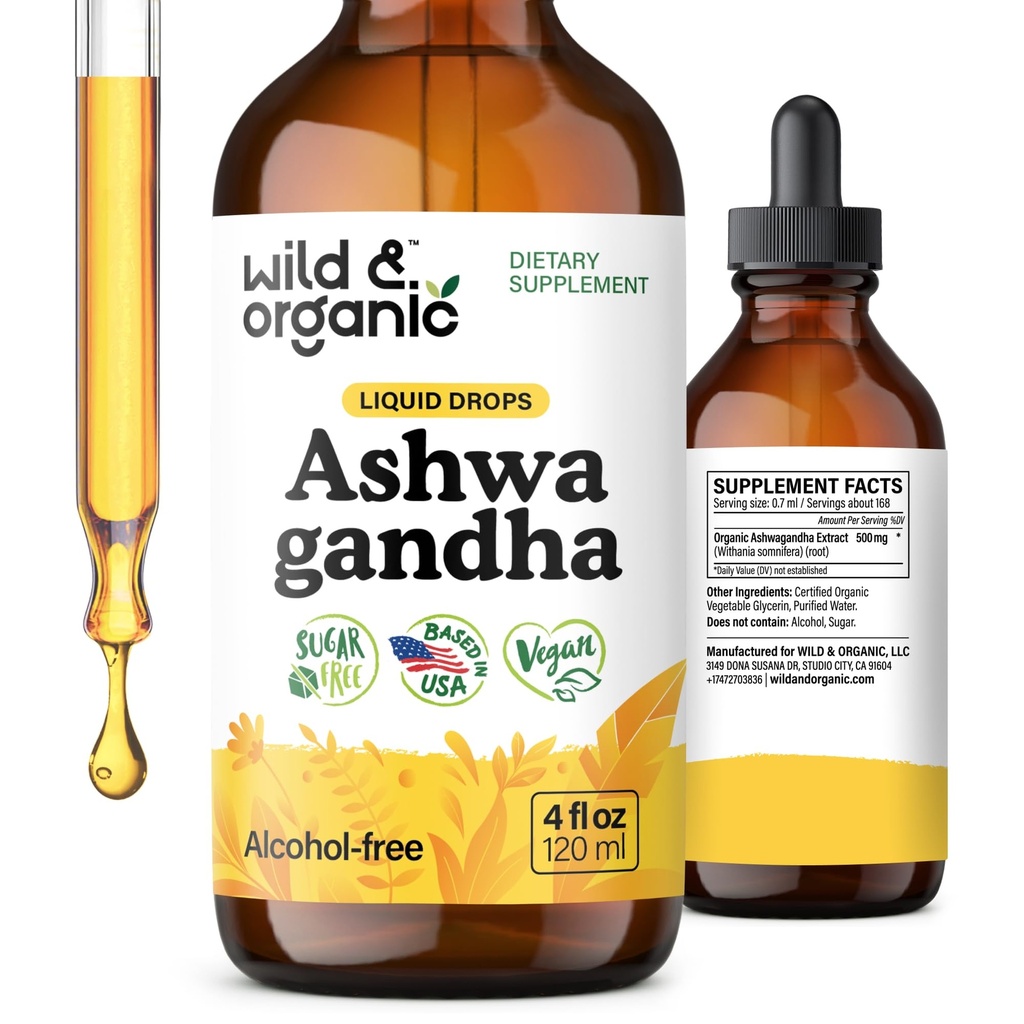 Drops salbatice si organice Ashwagandha - supliment de sustinere a dispozitiei w/Ashwagandha extract de root - Picături lichide pentru mintea calma - Suplimente de relaxare - Zahăr și alcool-Free - 4 fl oz