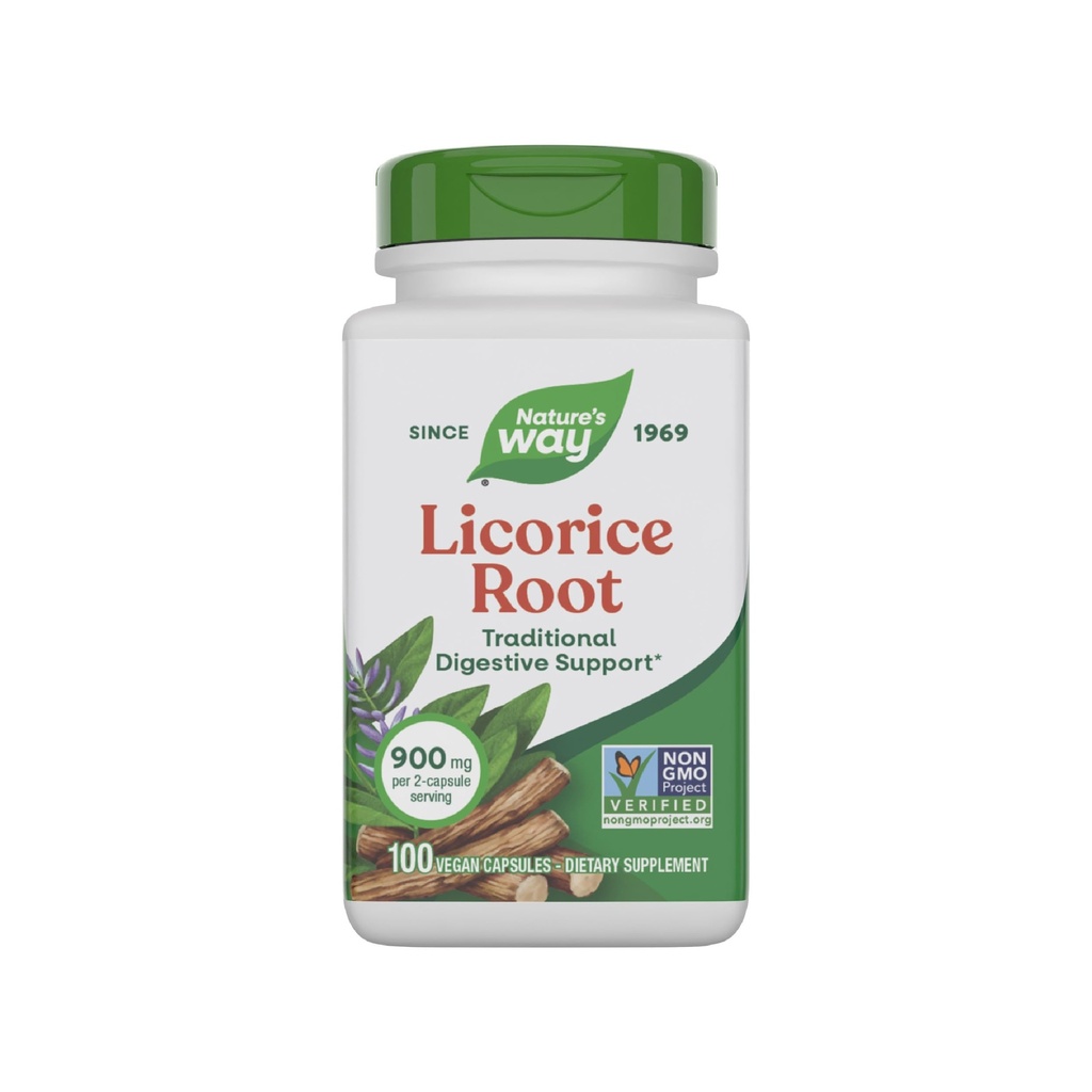 Nature's Way Licorice Root, Traditional Digestive Supplement*, 900 mg per 2-Capsule Serving, Non-GMO Project Verified, 100 Vegan Capsule (Packing May Vary)