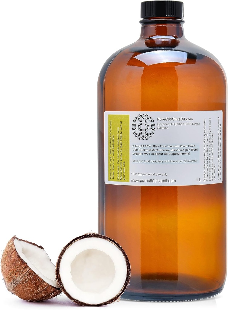 PureC60OliveOil C60 Organic MCT Ulei de cocos 1L / 33,8 Fl Oz - 99,95% Carbon 60 Solvent 400mg - Amber Sticla de sticlă - Carbon 60 Ulei de cocos - de la producătorul global de plumb