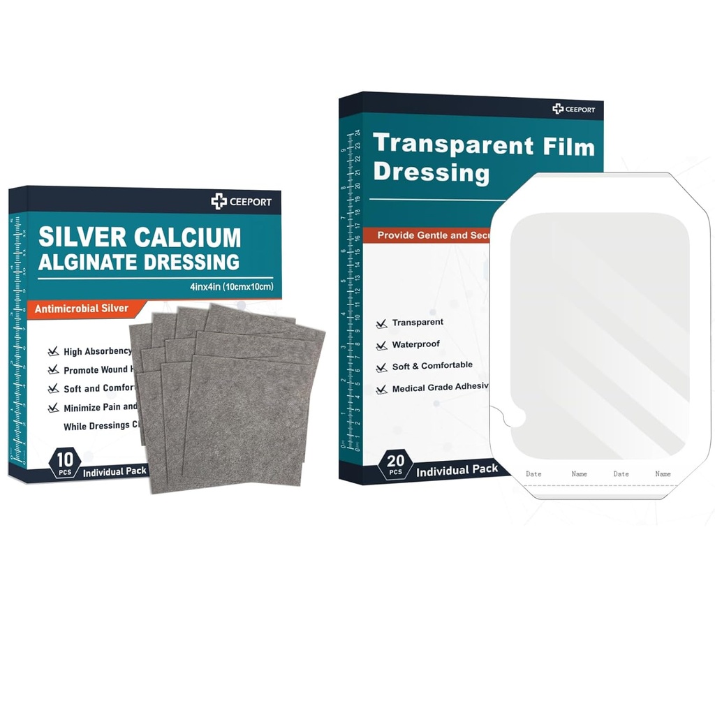 Alginat de calciu de argint dressing (4'x4' 10pcs) +Transparent de film dressing (6" x 8" 20Pcs)