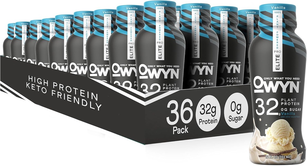 OWYN Doar ceea ce aveți nevoie Pro Elite Vegan mare proteine Keto Shake, 32g proteine, 9 aminoacizi, Omega-3, Prebiotice, Antrenament și recuperare, 0g Net carbohidrați, Zero zahăr (Vanilla, 12 Fl Oz (Pachet de 36)