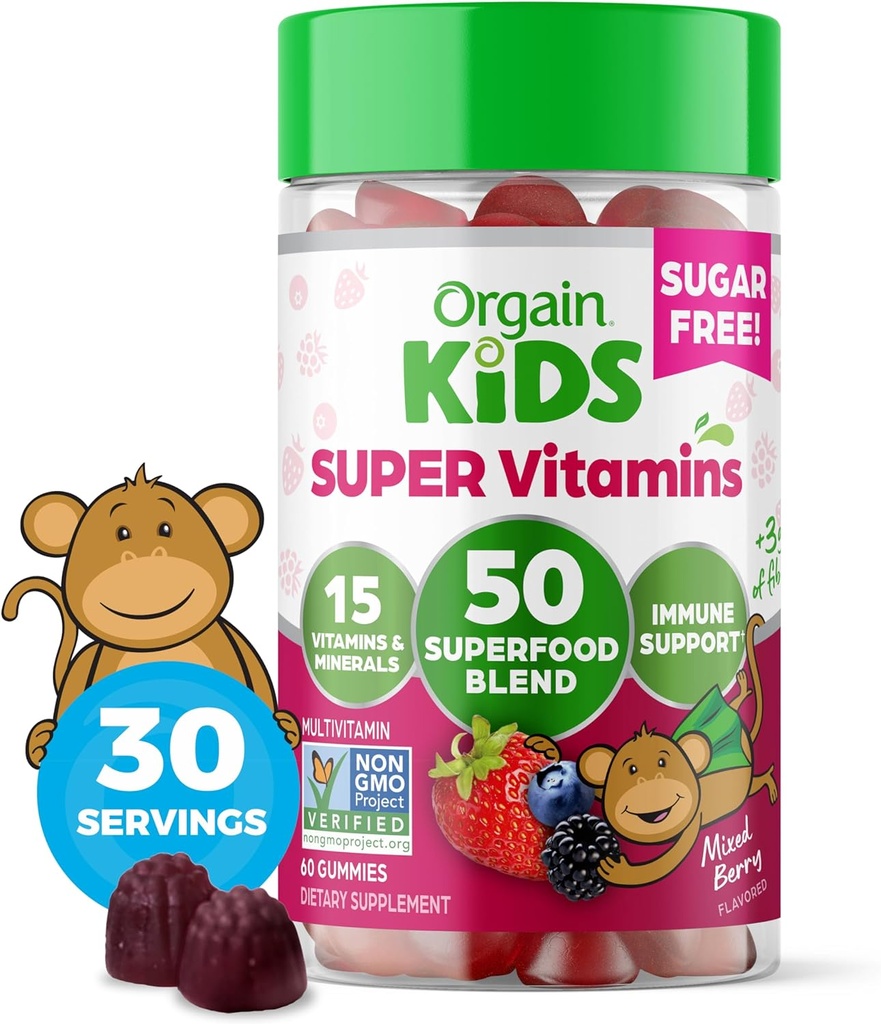 Orgain Kids Sugar Free Multivitamine Gummies, Vegan & Plant based, 50 Superfoods, 15 Vitamine si Minerale, Immune Support and 3g of Fiber, Mixed Berry, Ages 4+, 1 Luna de aprovizionare (60 Gummies)