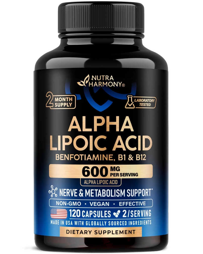 Alpha Acid lipoic 600mg - Suplimentul ALA Antioxidant pentru Nervi, Energie și suport metabolic - Rezistență suplimentară cu benfotiamină, B1 & B12 - Lab testat, non-GMO & Vegan - 120 capsule, 2 luni de aprovizionare