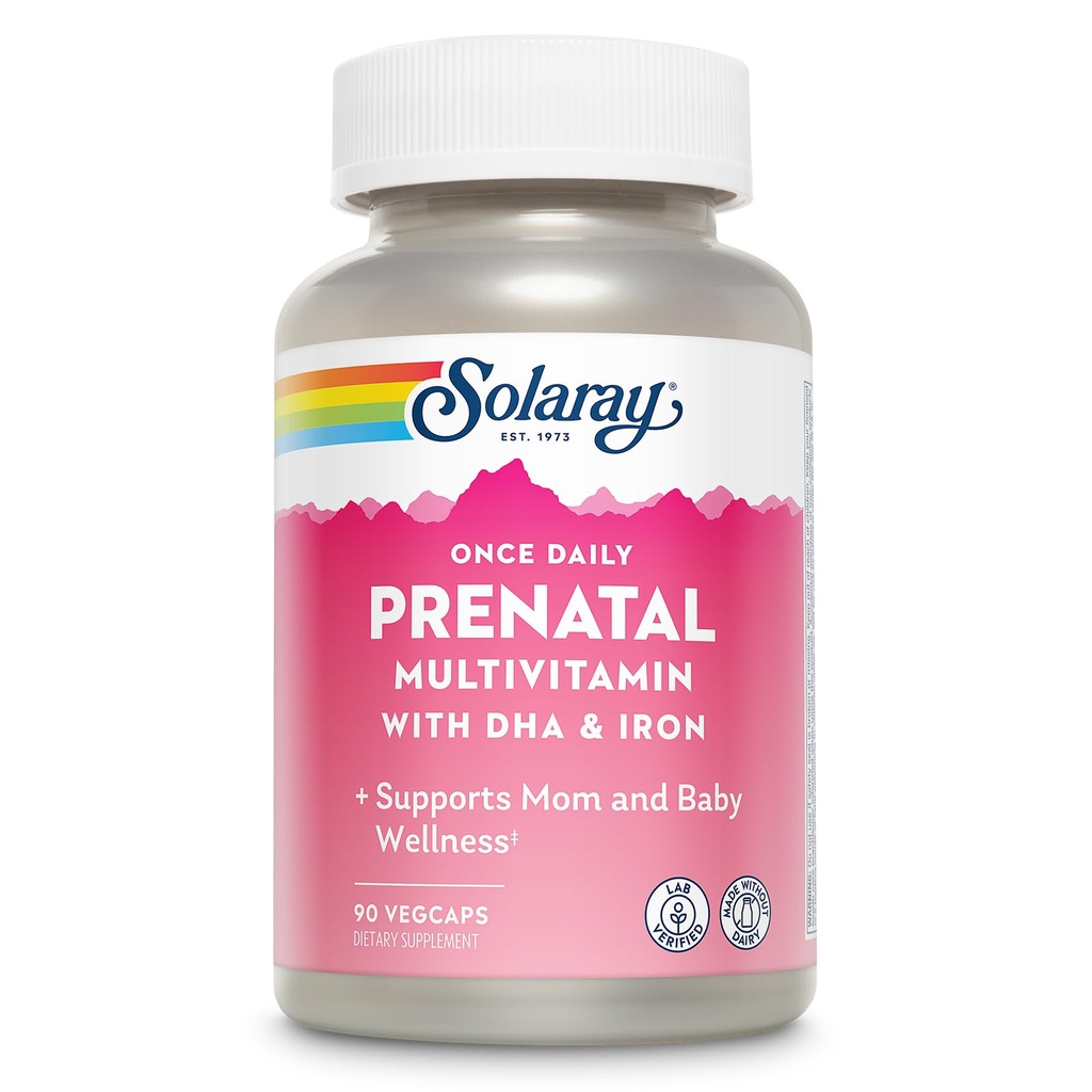 SOLARAY Multivitamine o dată pe zi prenatale cu DHA & Fier, Vitamine prenatale și minerale pentru mame expectante, Easy Morning Herbal Blend & Whole Food Base, Lab verificat, 90 Serviri, 90 VegCaps