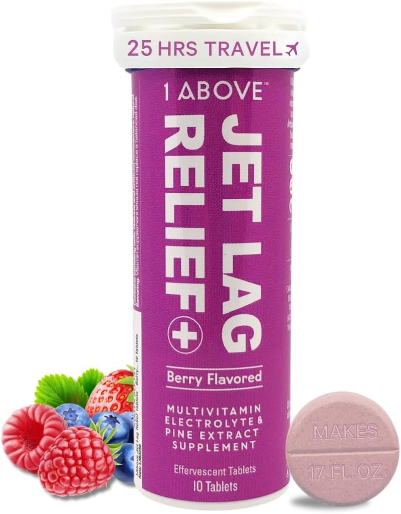 1Above Jet Lag Relief Tablets - Berry-Flavored Effervescent Multivitamine cu Pycnogenol Suplimentul de călătorie pentru hidratare, energie, suport imunitar și recuperare mai rapid - zbor esențial, 10 comprimate