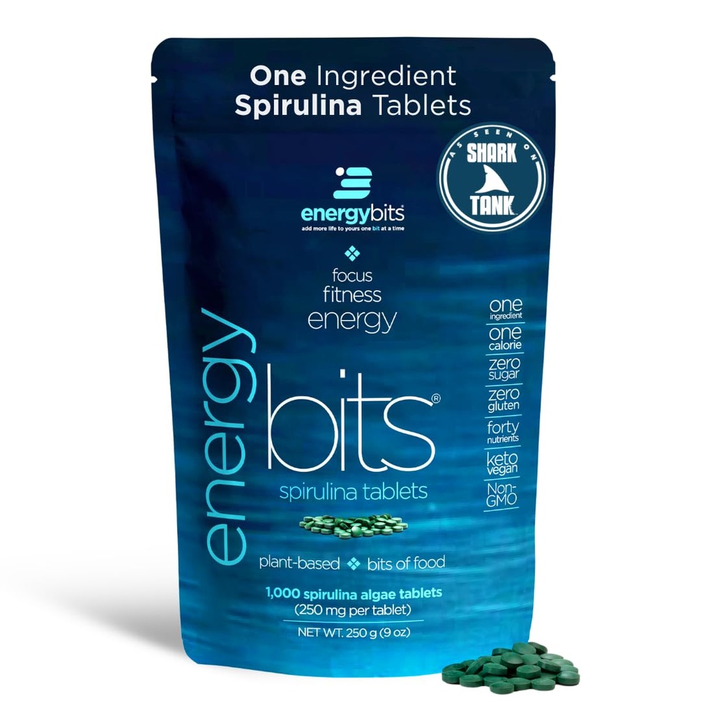 ENERGETBITS - Tablete Spirulina organica - Superalimente Algae pe bază de plante - pentru focus, fitness, energie - Proteina vegetala - Gluten gratuit - Colagen, vitamina B12, Omega 3 - Keto & Vegan - 1000 Algae Tablets