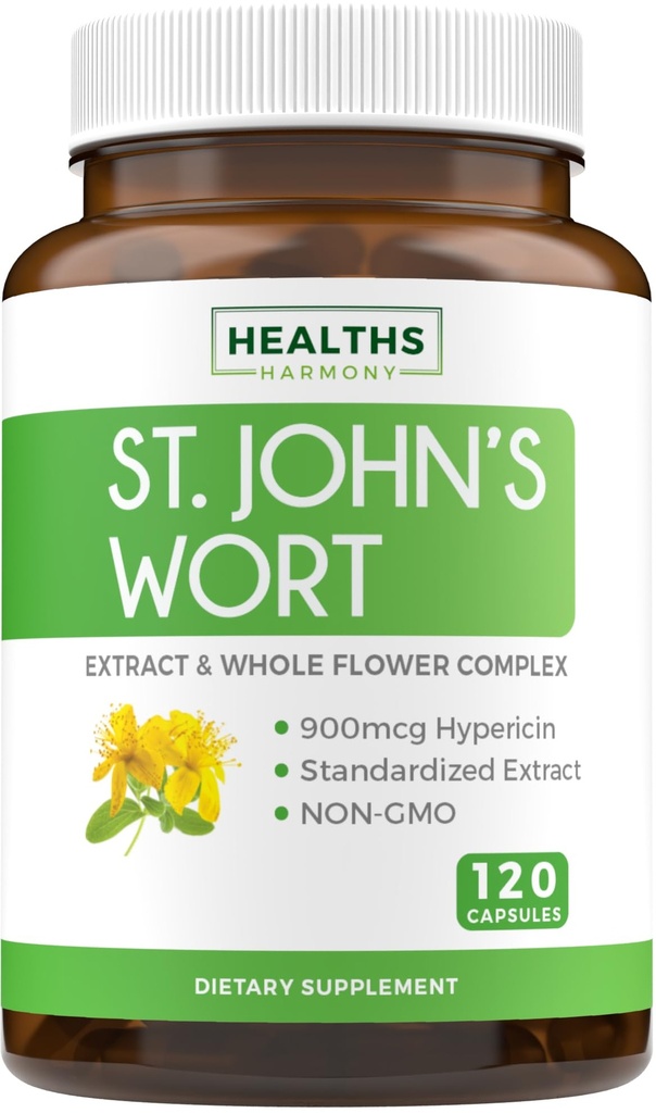 Capsulele de sunătoare ale Sfântului Ioan - Extract puternic şi potent de sunătoare & întregul complex Herb Standardizat la 900mcg Hypericin pentru menţinerea echilibrului zilnic - Vegan non-GMO & Lab Verified (120 Caps)