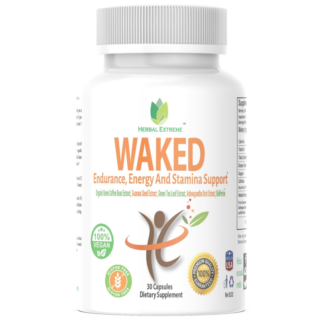 Waked Endurance, Energy and Stamina Support 30 capsule Extract de cafea verde organic, extract de semințe de Guarana, extract de frunze de ceai verde, extract de rădăcină Ashwagandha, și extract de piper negru ca BioPerine