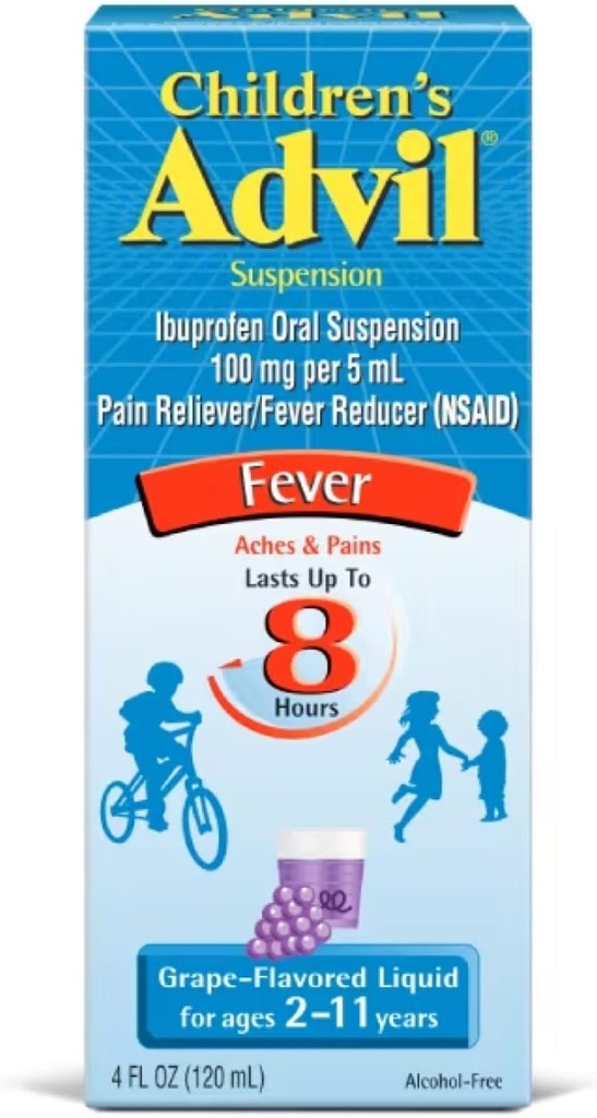 Copii Advil suspensie Ibuprofen 100 mg Durere rapidă Reliever și Reductor Febră Ultima până la 8 ore Aroma de struguri lichid pentru vârstele 2 până la 11 ani - 3 pachet de 4 sticle de FL Oz