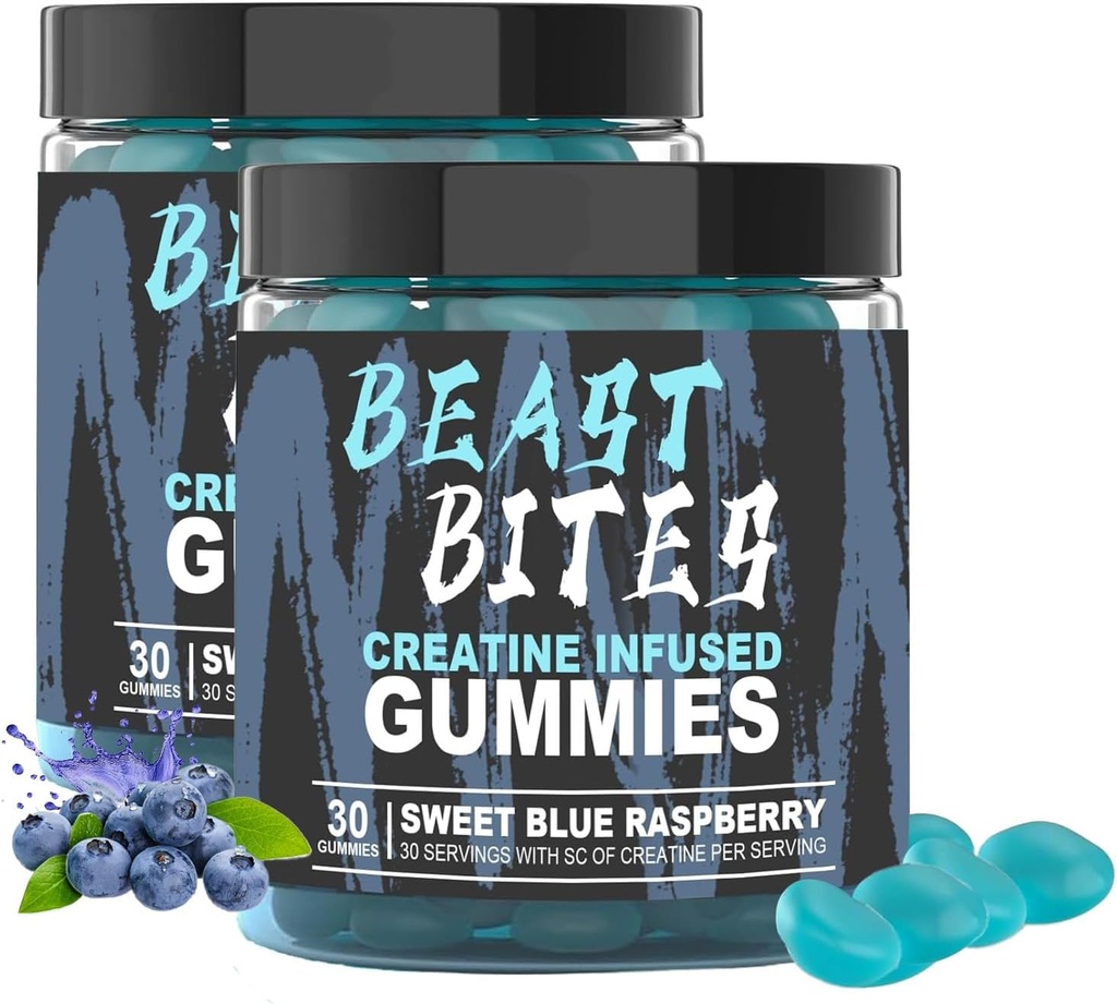 DYALE Beast Bites Creatine Bites - 5g Creatin Monohidrat Per Servire - Fără zahăr sau culori artificiale - Low-Calorie, Vegan & Halal - Blue Raspberry Flavor - 30 Gumies (2 buc)
