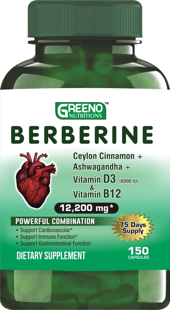 Berberine 12200 mg cu Ceylon Cinnamon Ashwagandha Vitamina D13 + Vitamina B12 Imun inima suport - 75 zile de aprovizionare -150 Conte (Pachet de 1)