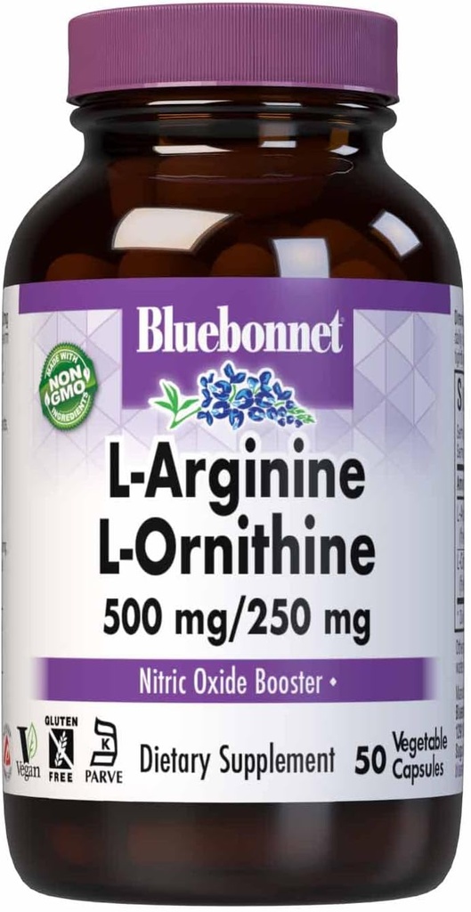 Bluebonnet Nutrition L-Arginină 500mg/L-Orinitină 250mg, Sustine Proteine Metabolism*, Soy-Free, Gluten-Free, Non-GMO, Kosher Certified, Vegan, 50 Capsule vegetale, 50 Servings