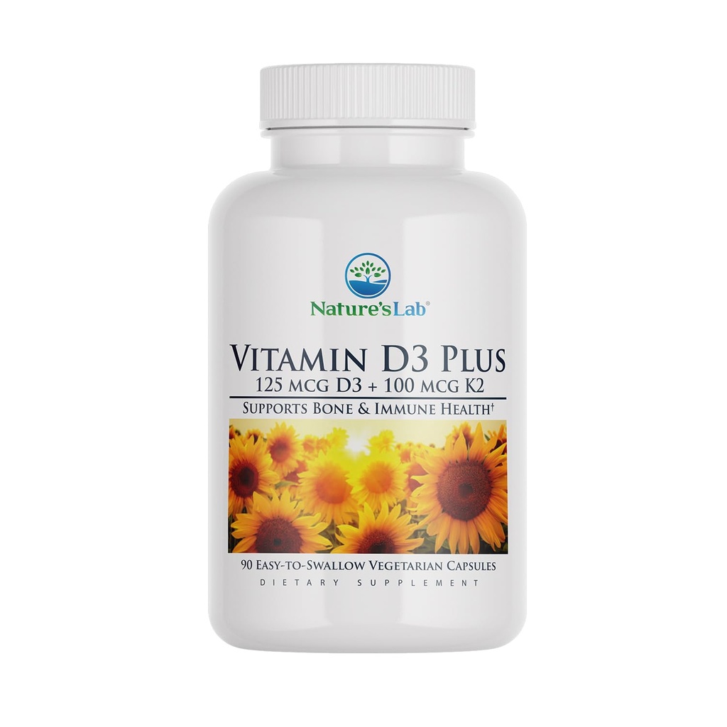 Vitamina de laborator a naturii D3 Plus - conține vitamine D3 și K2 (MK7) pentru suport imun, oase sănătoase și sănătate cardiovasculară * - Gluten gratuit, non OMG-uri - 90 capsule (3 lună de aprovizionare)